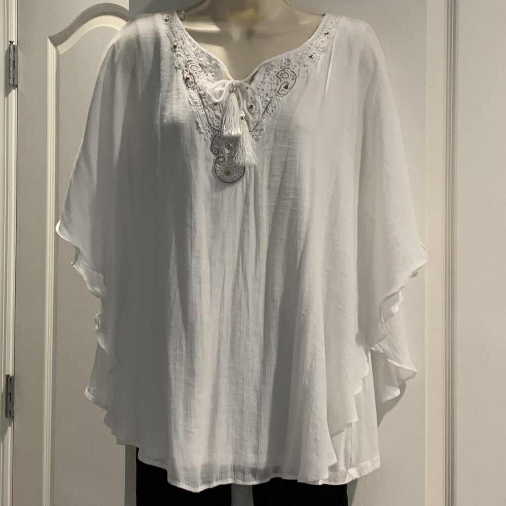 JM Collection White Poncho Top with Embellished Neckline